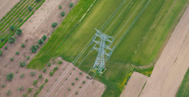 Aerial view of electricity pylon, Huelva Province, Spain